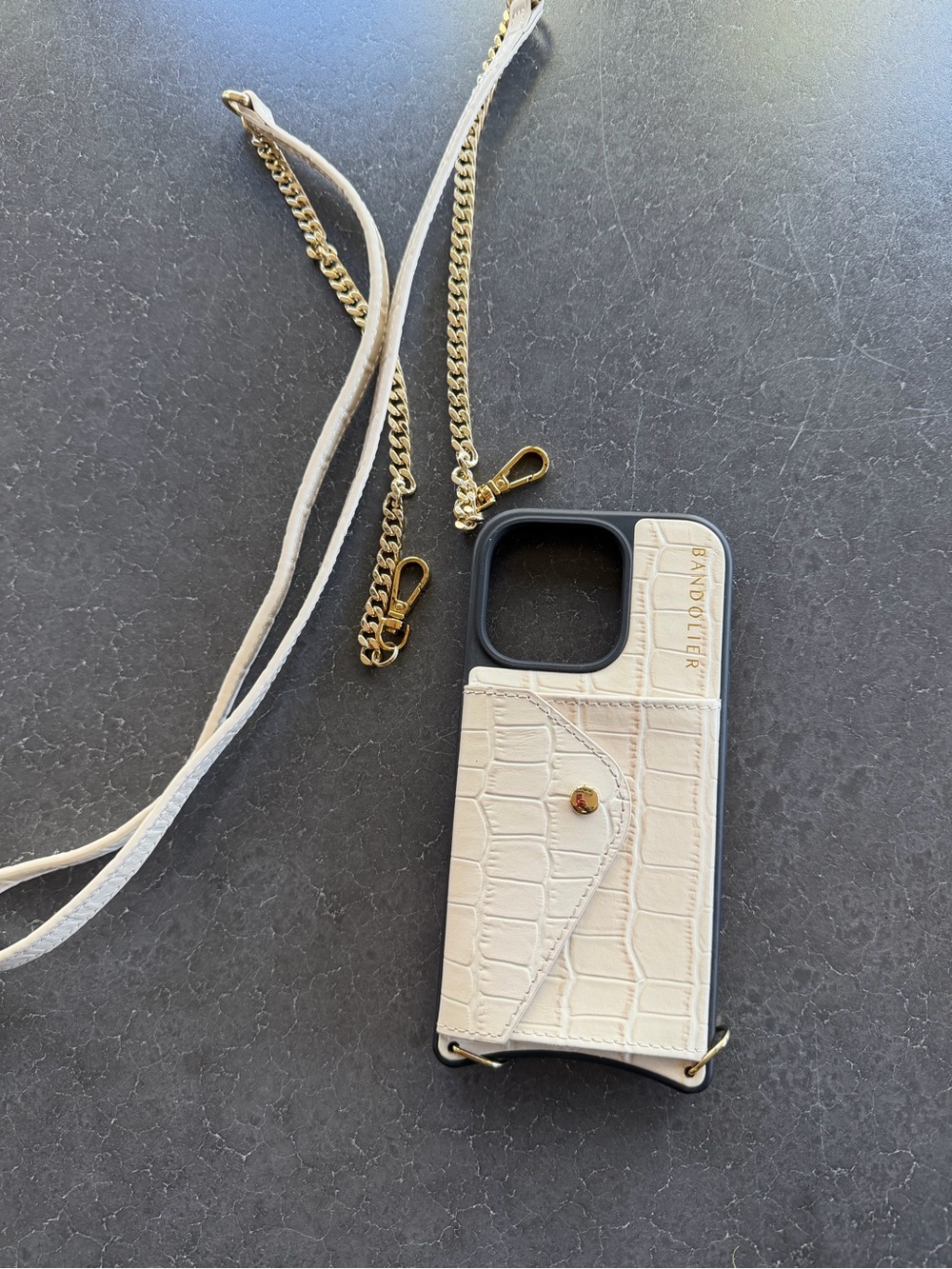 Bandolier iPhone 16 Pro Cream Croc-Embossed Leather Crossbody Phone Case